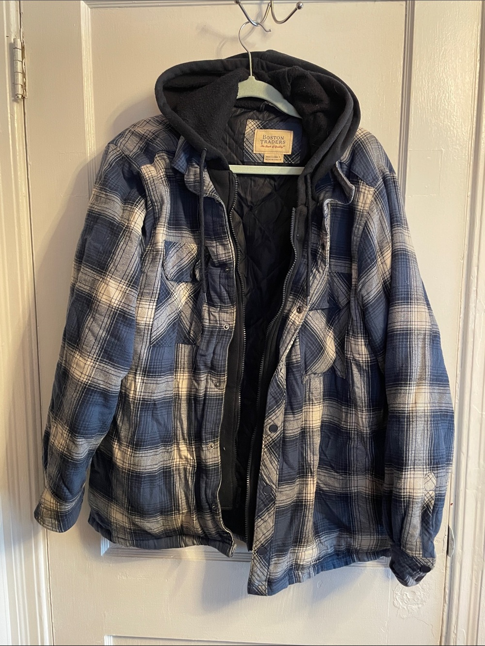 Boston Traders Blue and White Plaid Hooded Jacket with Black Liner